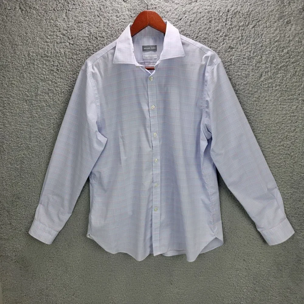 Michael Kors Shirt Mens 17 34 35  XL Blue Plaid Slim Fit Air Soft Button Front